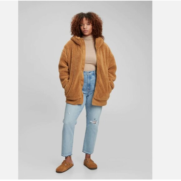 Gap Sherpa Plush Faux Fur Full Zip Hooded Jacket Size XL Brown Athleisure Teddy - Picture 1 of 14